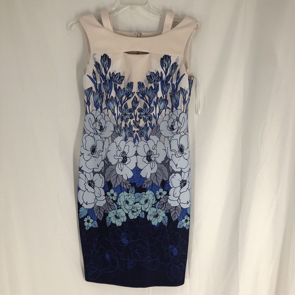 Taylor Sheath Dress Womens 12 Blue/beige Floral Keyhole Neck Sleeveless Career